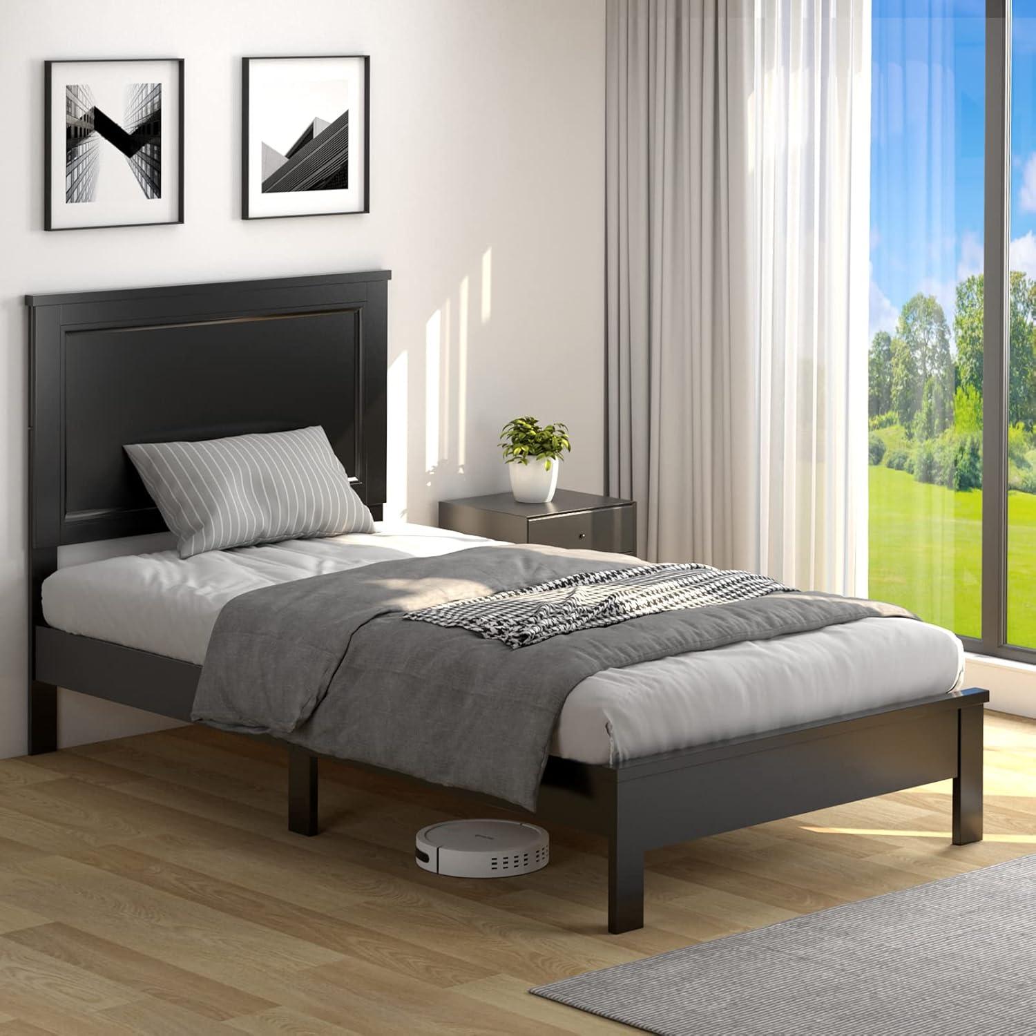 image:imageGiantex Wood Queen Platform Bed Frame with Headboard Mid Century Bed Frame with Solid Wood Legs amp Wooden Slat Support No Box Spring Needed Walnut BedBlack