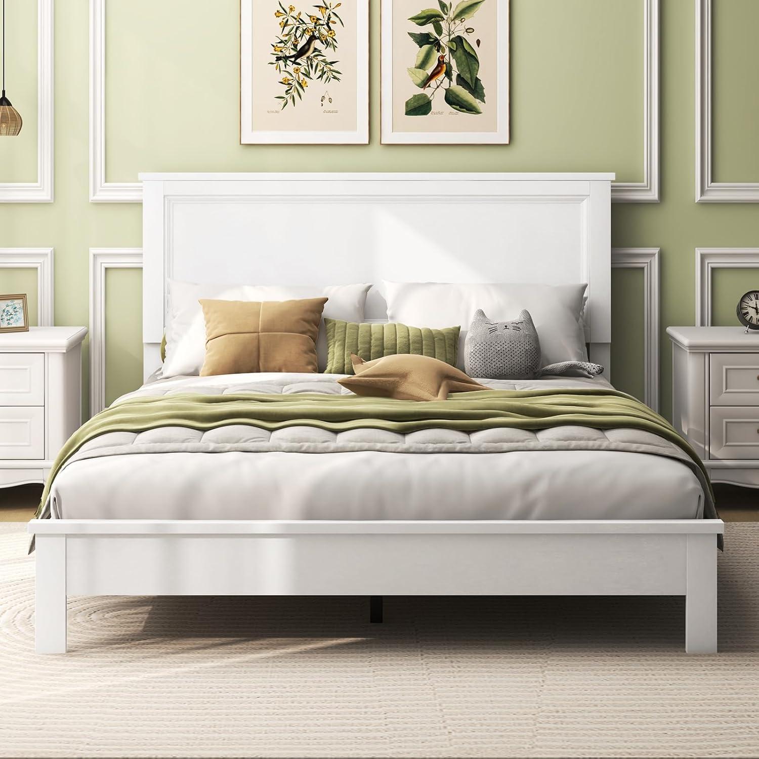 image:imageGiantex Wood Queen Platform Bed Frame with Headboard Mid Century Bed Frame with Solid Wood Legs amp Wooden Slat Support No Box Spring Needed Walnut BedWhite