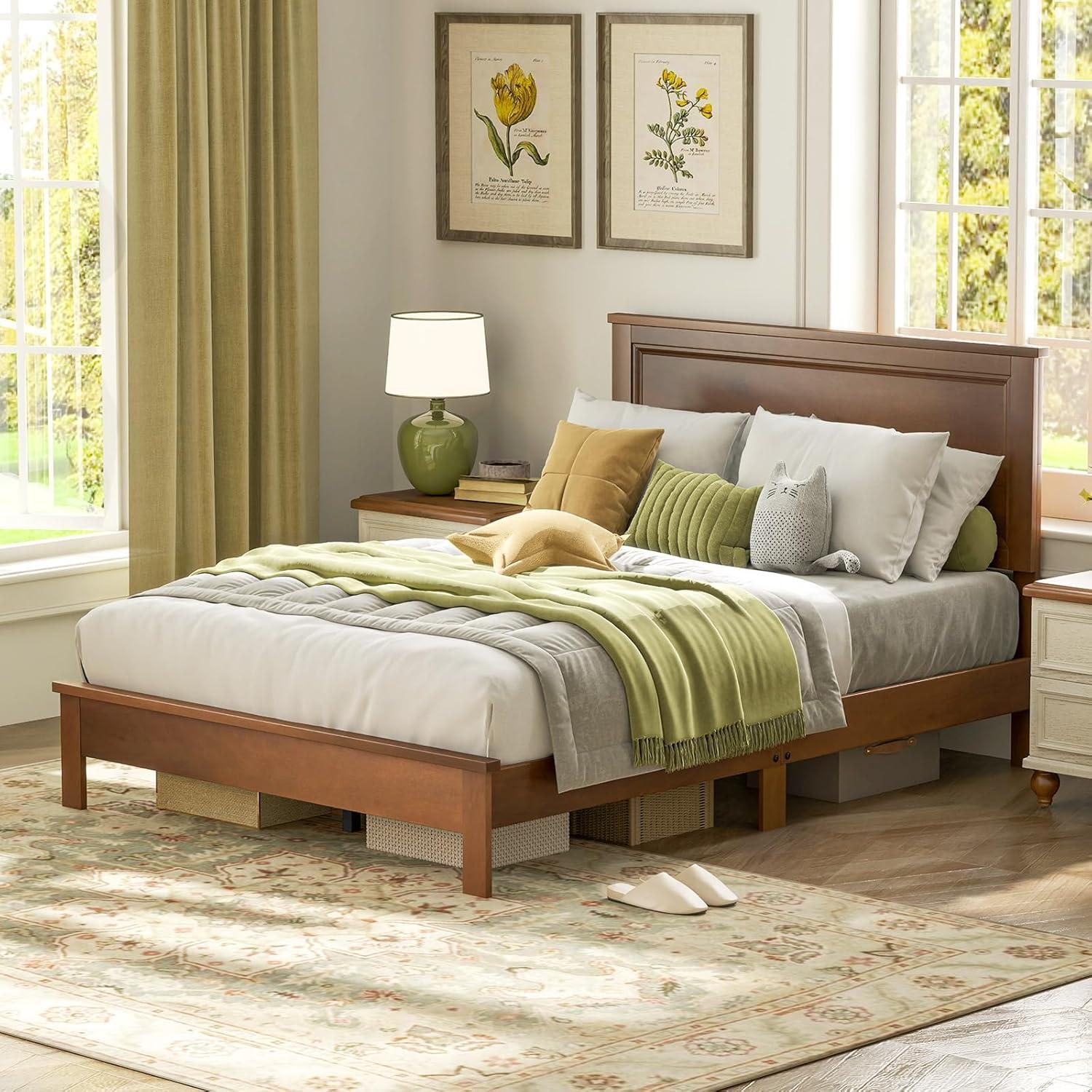image:imageGiantex Wood Queen Platform Bed Frame with Headboard Mid Century Bed Frame with Solid Wood Legs amp Wooden Slat Support No Box Spring Needed Walnut BedWalnut