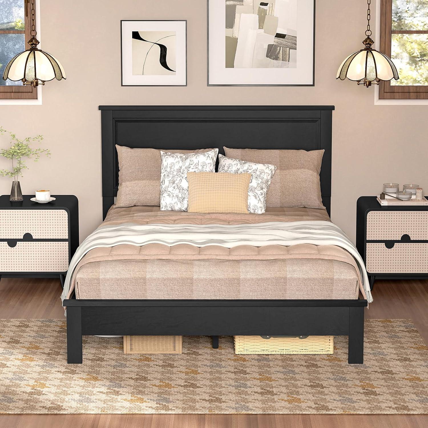 image:imageGiantex Wood Queen Platform Bed Frame with Headboard Mid Century Bed Frame with Solid Wood Legs amp Wooden Slat Support No Box Spring Needed Walnut BedBlack