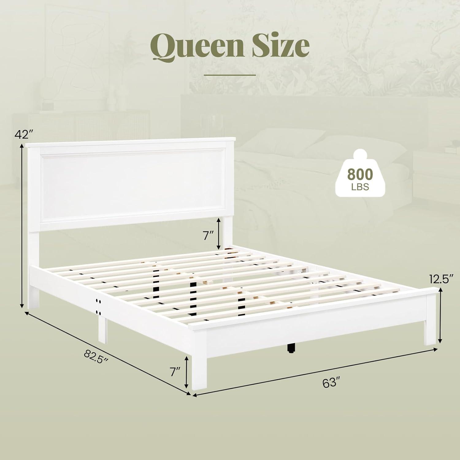 image:imageGiantex Wood Queen Platform Bed Frame with Headboard Mid Century Bed Frame with Solid Wood Legs amp Wooden Slat Support No Box Spring Needed Walnut BedWhite