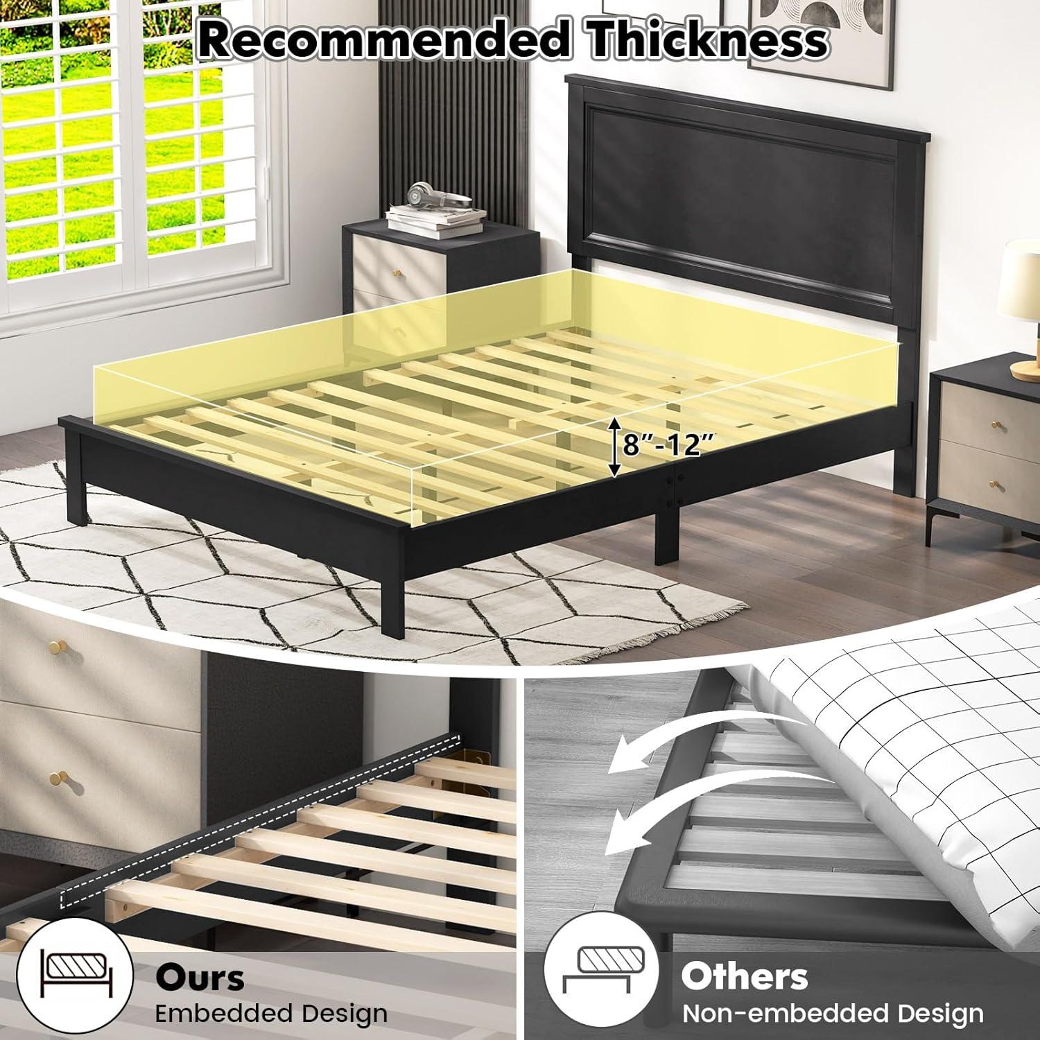 image:imageGiantex Wood Queen Platform Bed Frame with Headboard Mid Century Bed Frame with Solid Wood Legs amp Wooden Slat Support No Box Spring Needed Walnut BedBlack