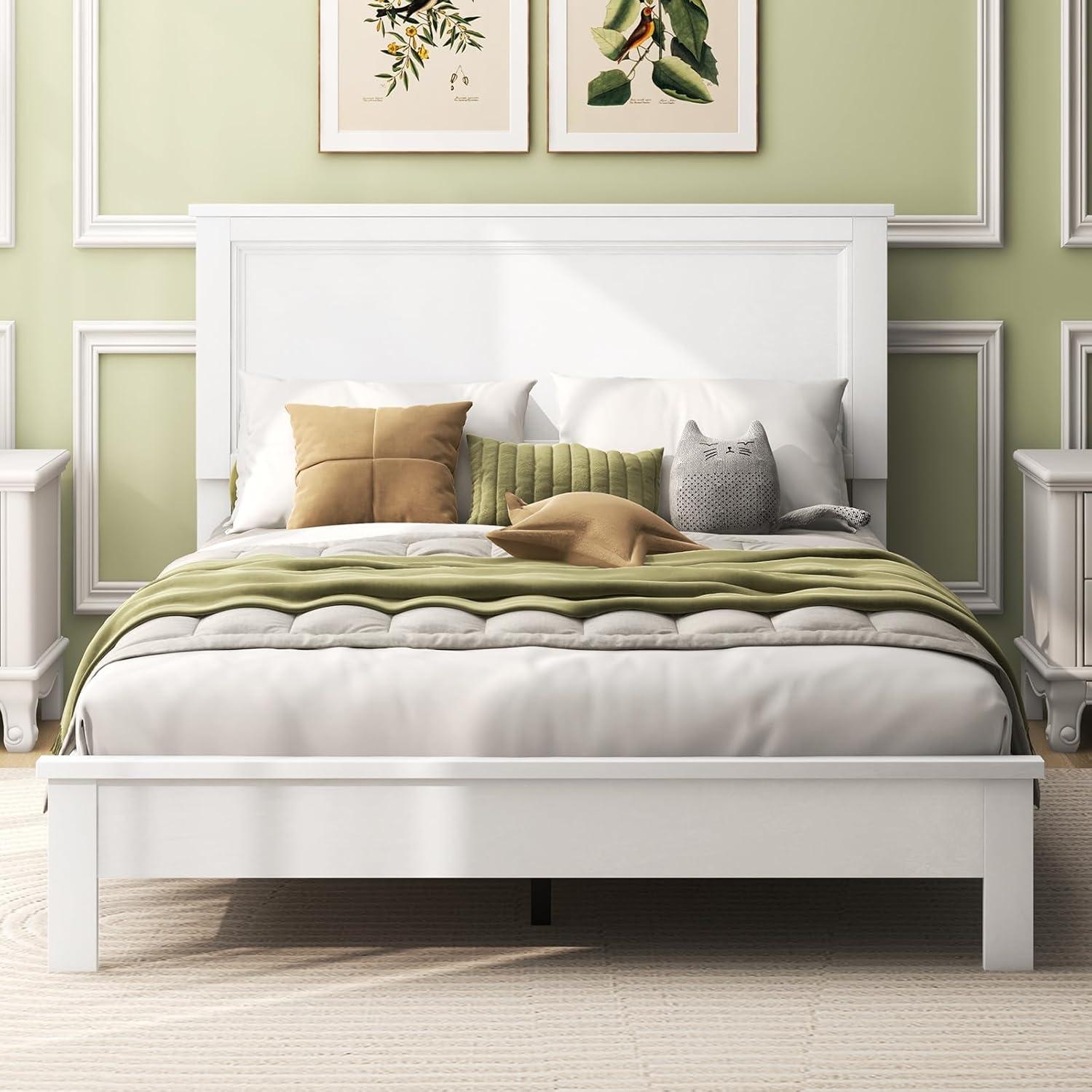 image:imageGiantex Wood Queen Platform Bed Frame with Headboard Mid Century Bed Frame with Solid Wood Legs amp Wooden Slat Support No Box Spring Needed Walnut BedWhite