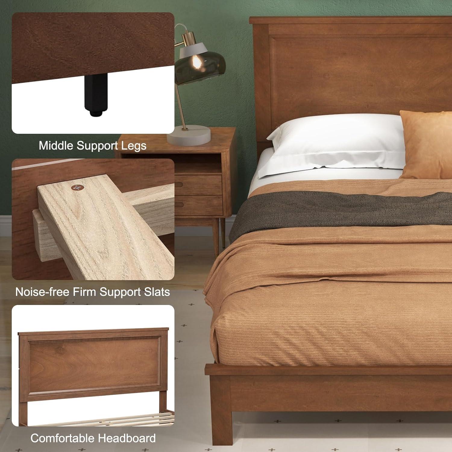image:imageGiantex Wood Queen Platform Bed Frame with Headboard Mid Century Bed Frame with Solid Wood Legs amp Wooden Slat Support No Box Spring Needed Walnut BedWalnut