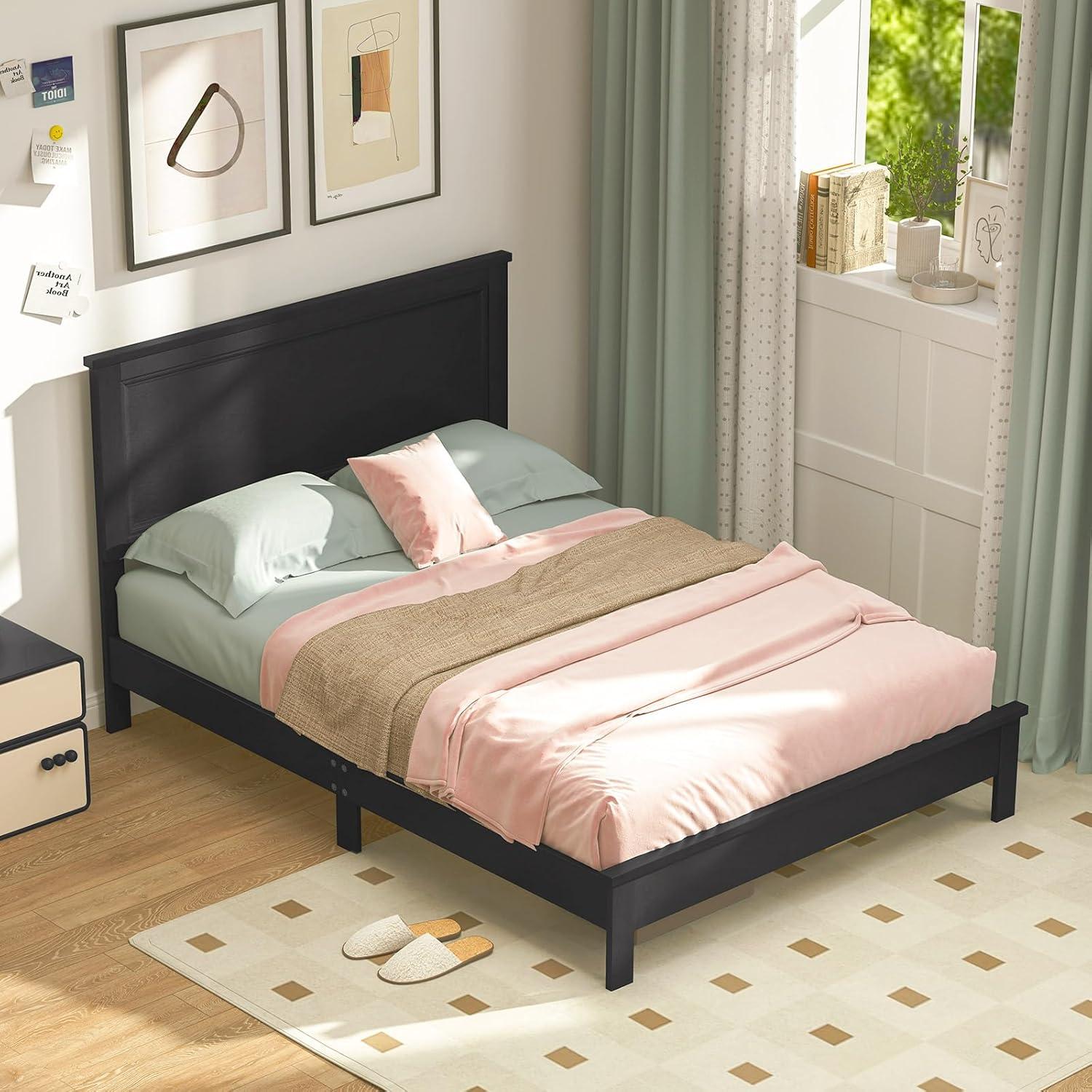image:imageGiantex Wood Queen Platform Bed Frame with Headboard Mid Century Bed Frame with Solid Wood Legs amp Wooden Slat Support No Box Spring Needed Walnut BedBlack