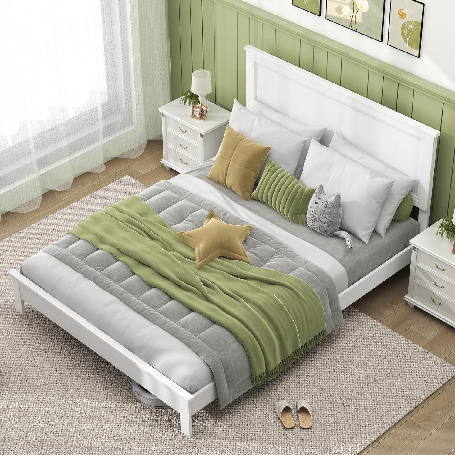 image:imageGiantex Wood Queen Platform Bed Frame with Headboard Mid Century Bed Frame with Solid Wood Legs amp Wooden Slat Support No Box Spring Needed Walnut BedWhite