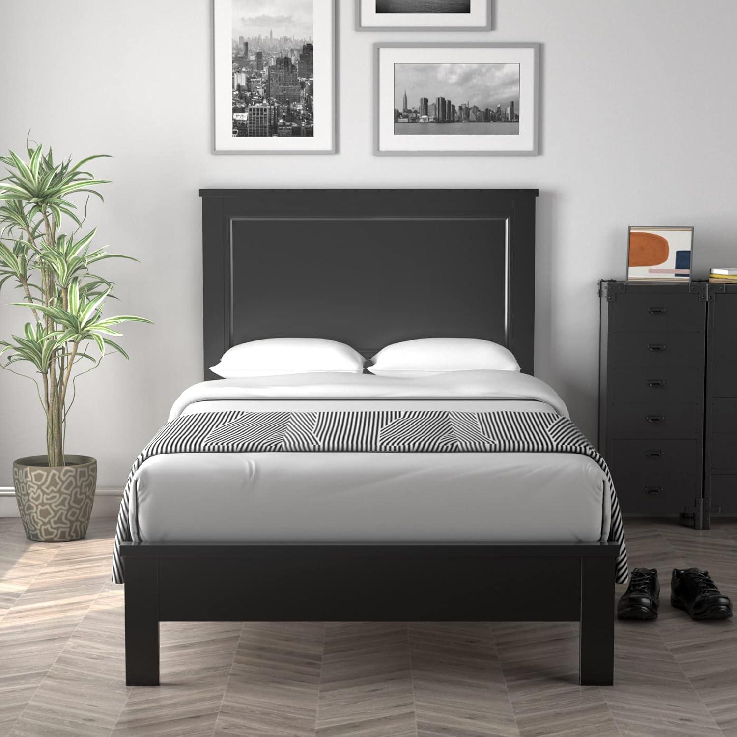 image:imageGiantex Wood Queen Platform Bed Frame with Headboard Mid Century Bed Frame with Solid Wood Legs amp Wooden Slat Support No Box Spring Needed Walnut BedBlack