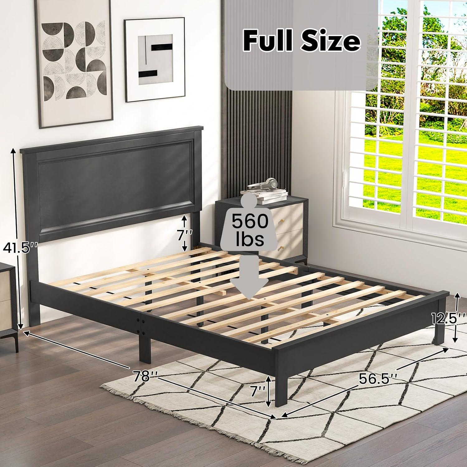 image:imageGiantex Wood Queen Platform Bed Frame with Headboard Mid Century Bed Frame with Solid Wood Legs amp Wooden Slat Support No Box Spring Needed Walnut BedBlack