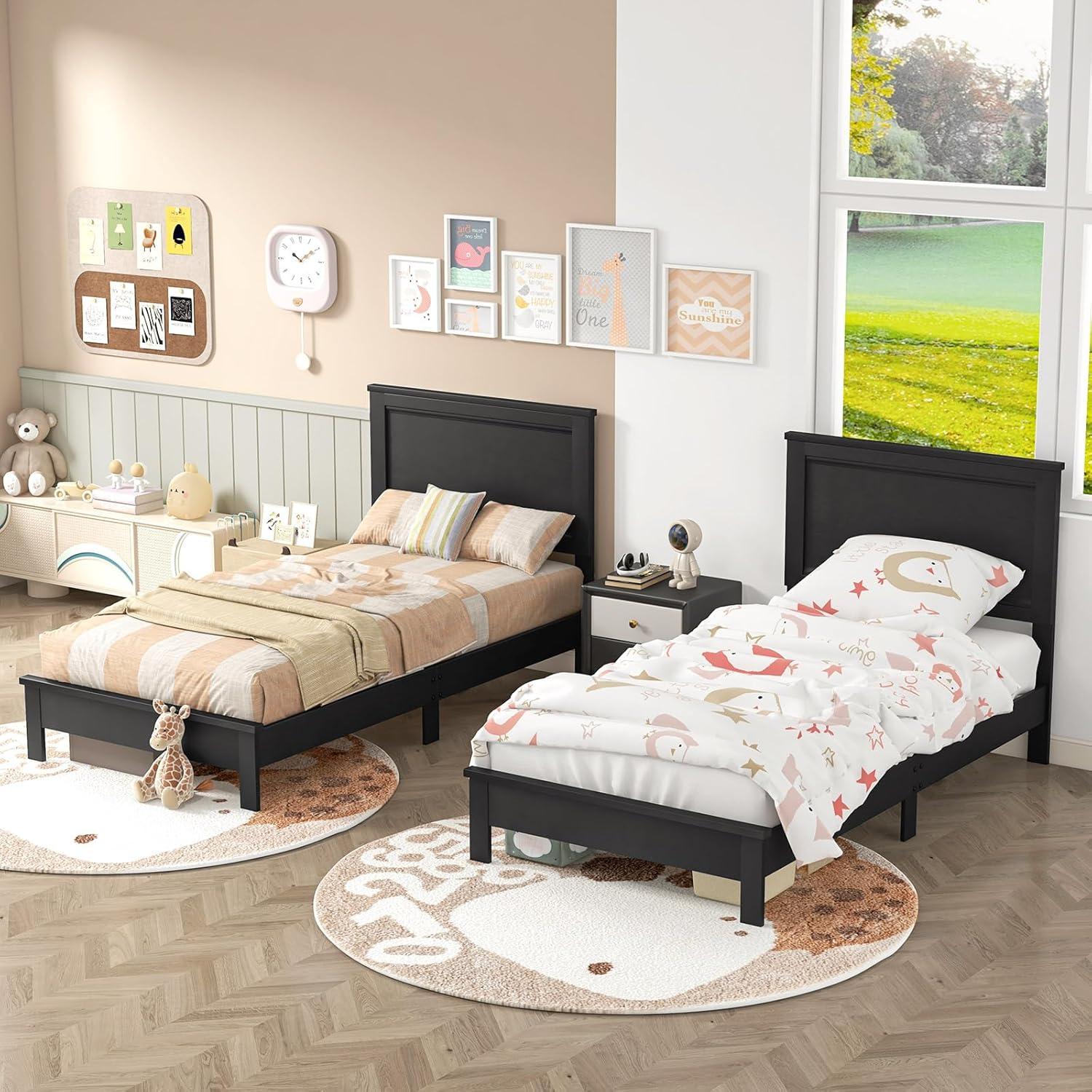 image:imageGiantex Wood Queen Platform Bed Frame with Headboard Mid Century Bed Frame with Solid Wood Legs amp Wooden Slat Support No Box Spring Needed Walnut BedBlack