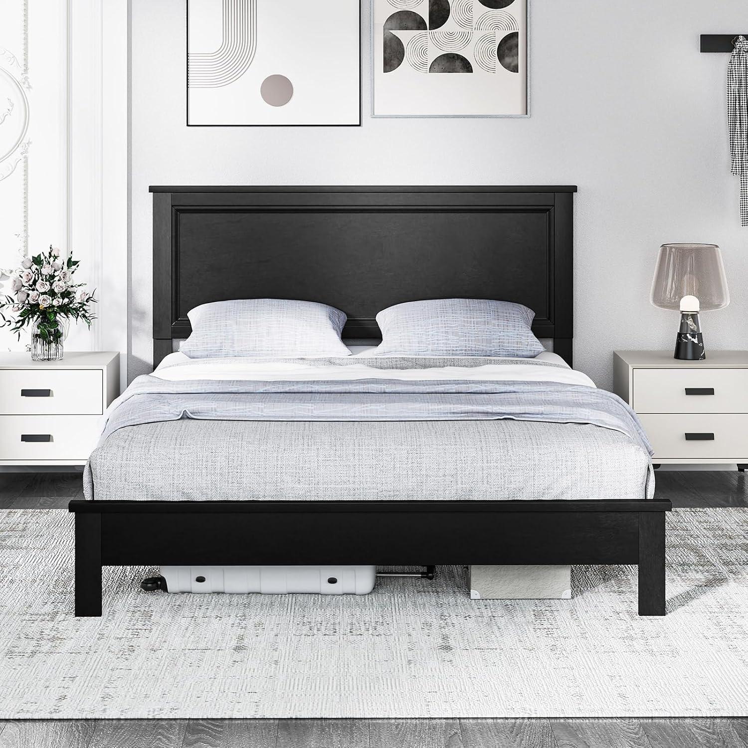 image:imageGiantex Wood Queen Platform Bed Frame with Headboard Mid Century Bed Frame with Solid Wood Legs amp Wooden Slat Support No Box Spring Needed Walnut BedBlack