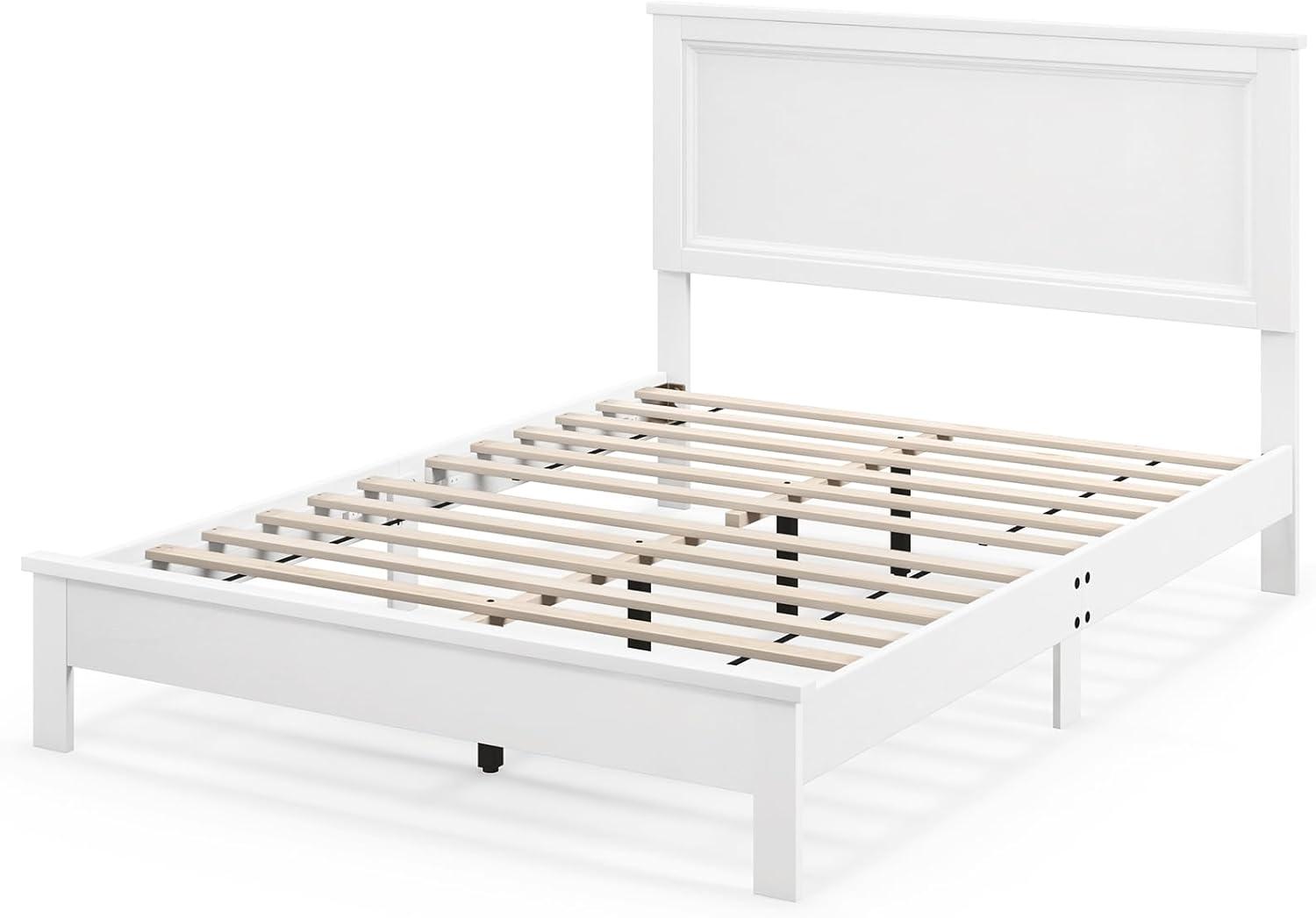 image:imageGiantex Wood Queen Platform Bed Frame with Headboard Mid Century Bed Frame with Solid Wood Legs amp Wooden Slat Support No Box Spring Needed Walnut BedWhite