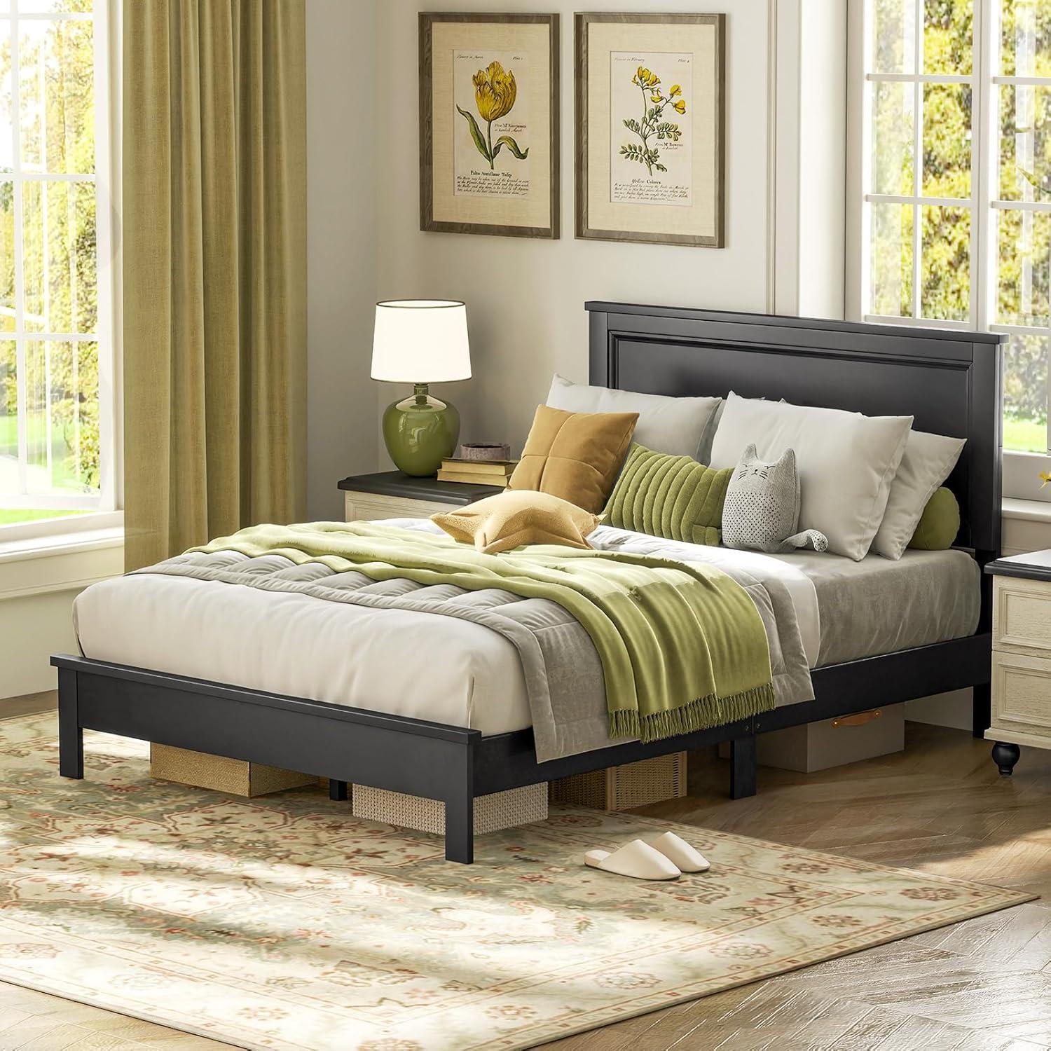 image:imageGiantex Wood Queen Platform Bed Frame with Headboard Mid Century Bed Frame with Solid Wood Legs amp Wooden Slat Support No Box Spring Needed Walnut BedBlack
