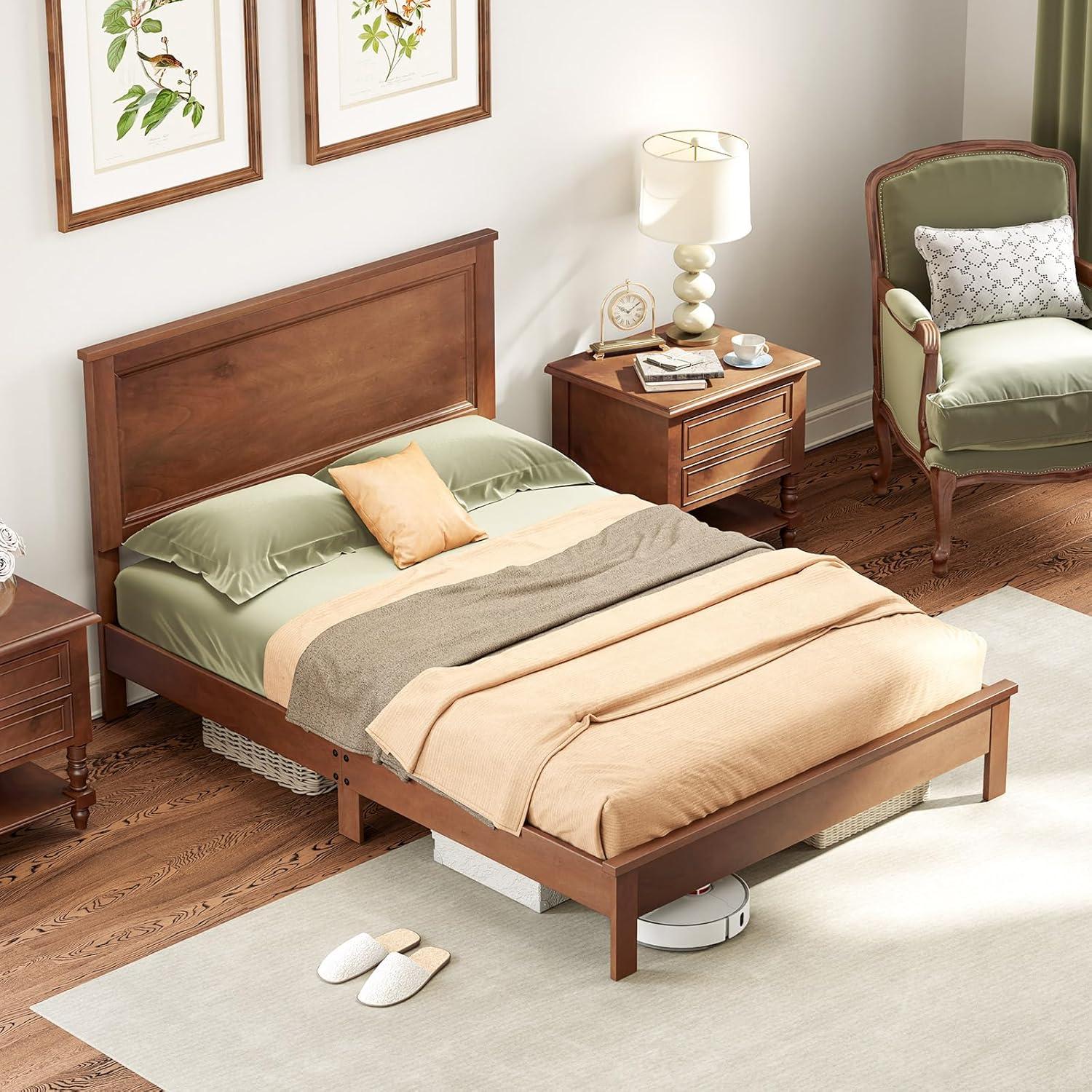 image:imageGiantex Wood Queen Platform Bed Frame with Headboard Mid Century Bed Frame with Solid Wood Legs amp Wooden Slat Support No Box Spring Needed Walnut BedWalnut