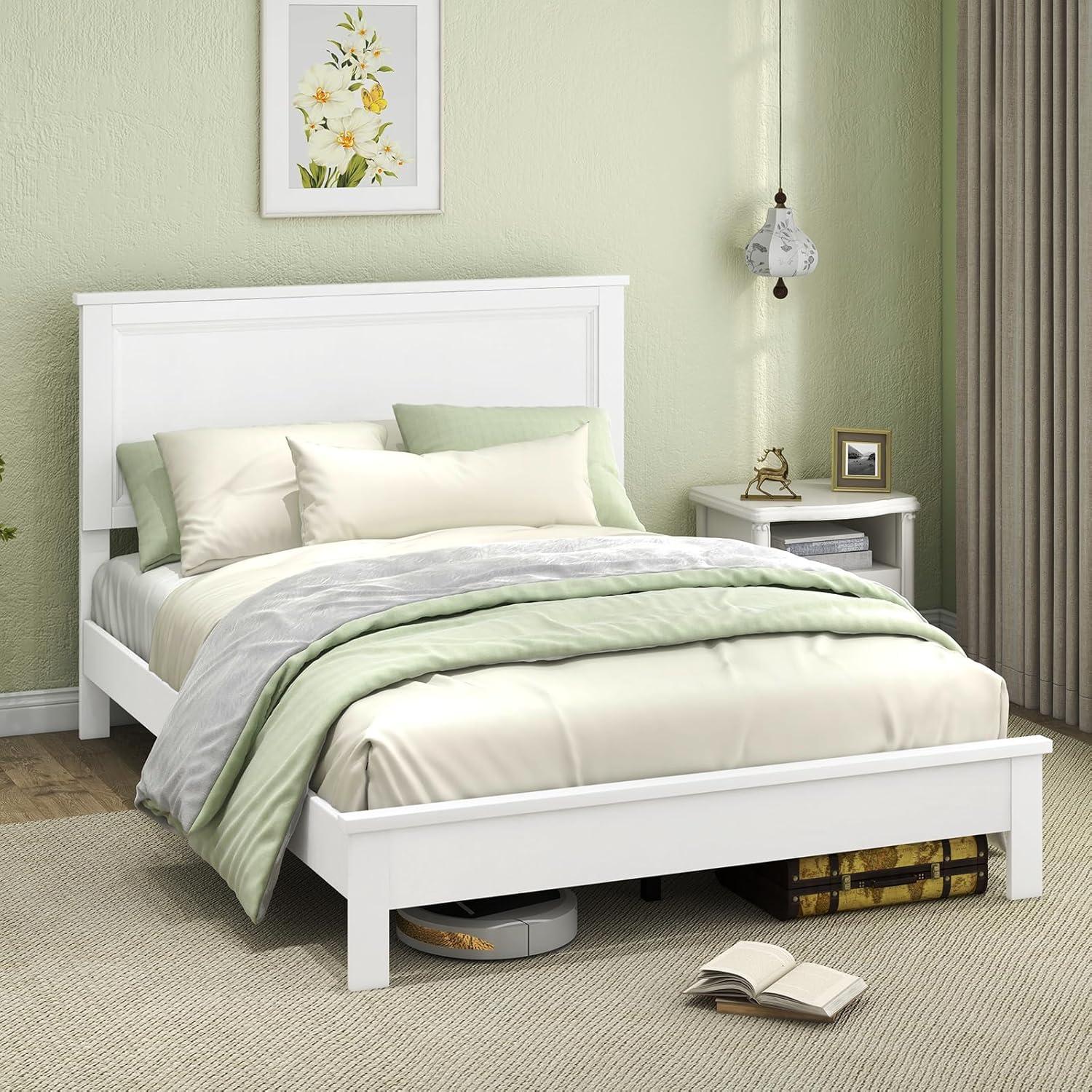 image:imageGiantex Wood Queen Platform Bed Frame with Headboard Mid Century Bed Frame with Solid Wood Legs amp Wooden Slat Support No Box Spring Needed Walnut BedWhite