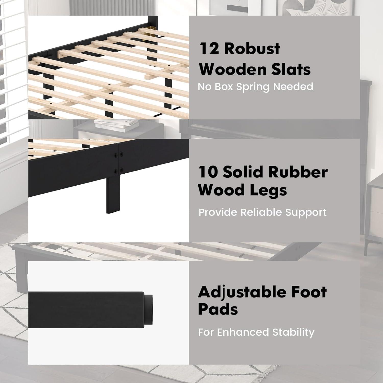 image:imageGiantex Wood Queen Platform Bed Frame with Headboard Mid Century Bed Frame with Solid Wood Legs amp Wooden Slat Support No Box Spring Needed Walnut BedBlack