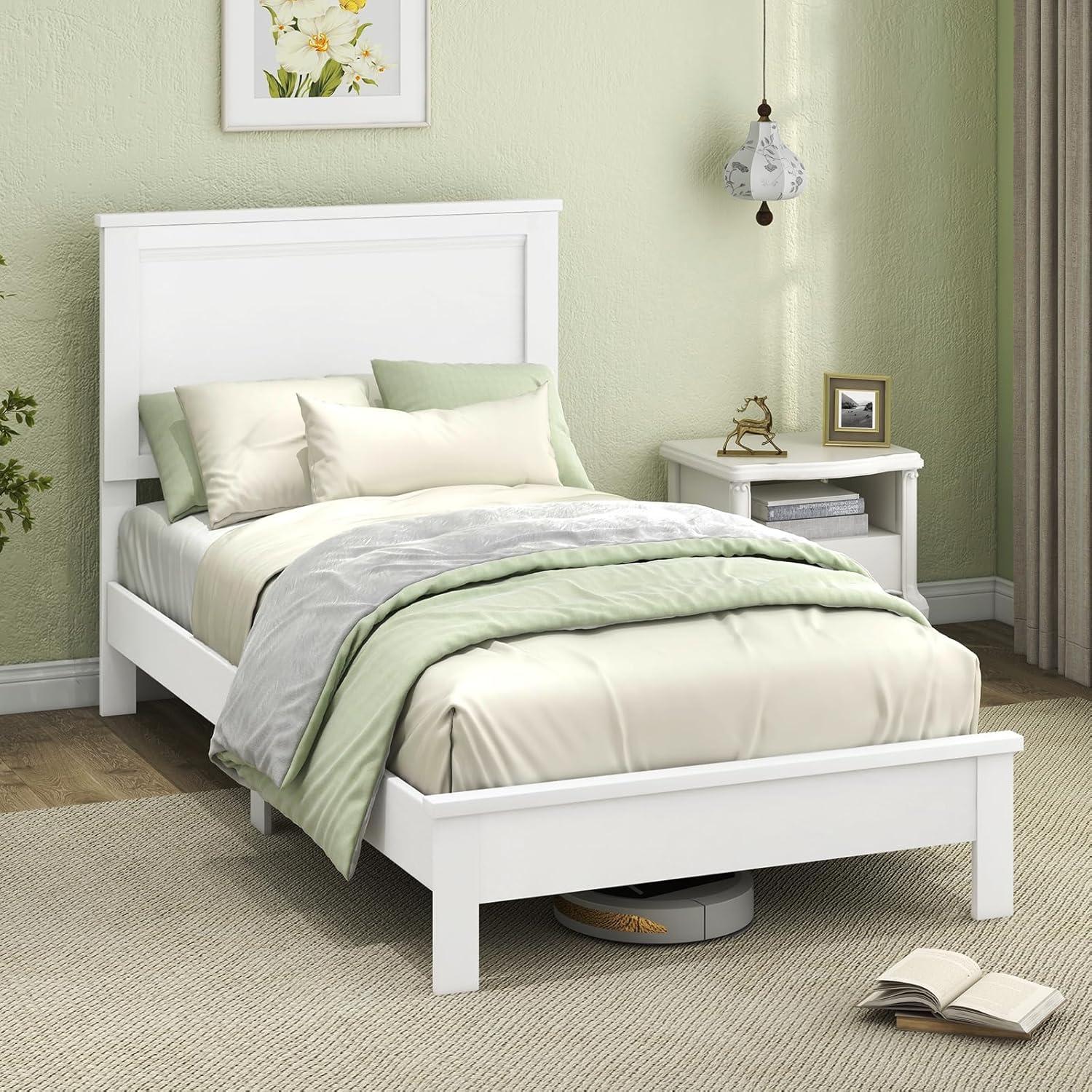 image:imageGiantex Wood Queen Platform Bed Frame with Headboard Mid Century Bed Frame with Solid Wood Legs amp Wooden Slat Support No Box Spring Needed Walnut BedWhite