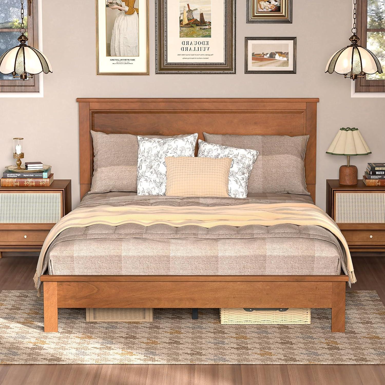 image:imageGiantex Wood Queen Platform Bed Frame with Headboard Mid Century Bed Frame with Solid Wood Legs amp Wooden Slat Support No Box Spring Needed Walnut BedWalnut