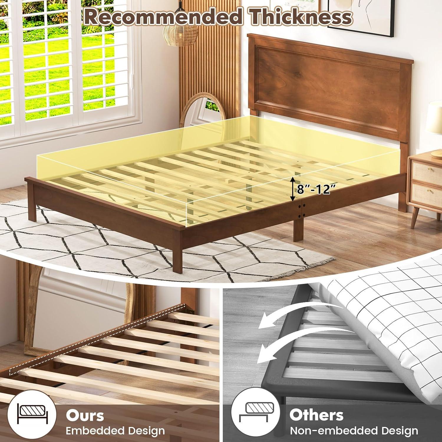 image:imageGiantex Wood Queen Platform Bed Frame with Headboard Mid Century Bed Frame with Solid Wood Legs amp Wooden Slat Support No Box Spring Needed Walnut BedWalnut