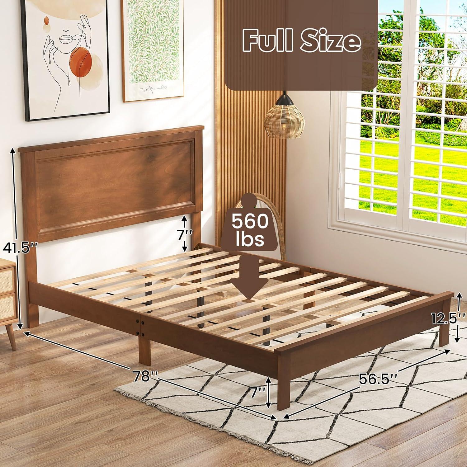 image:imageGiantex Wood Queen Platform Bed Frame with Headboard Mid Century Bed Frame with Solid Wood Legs amp Wooden Slat Support No Box Spring Needed Walnut BedWalnut