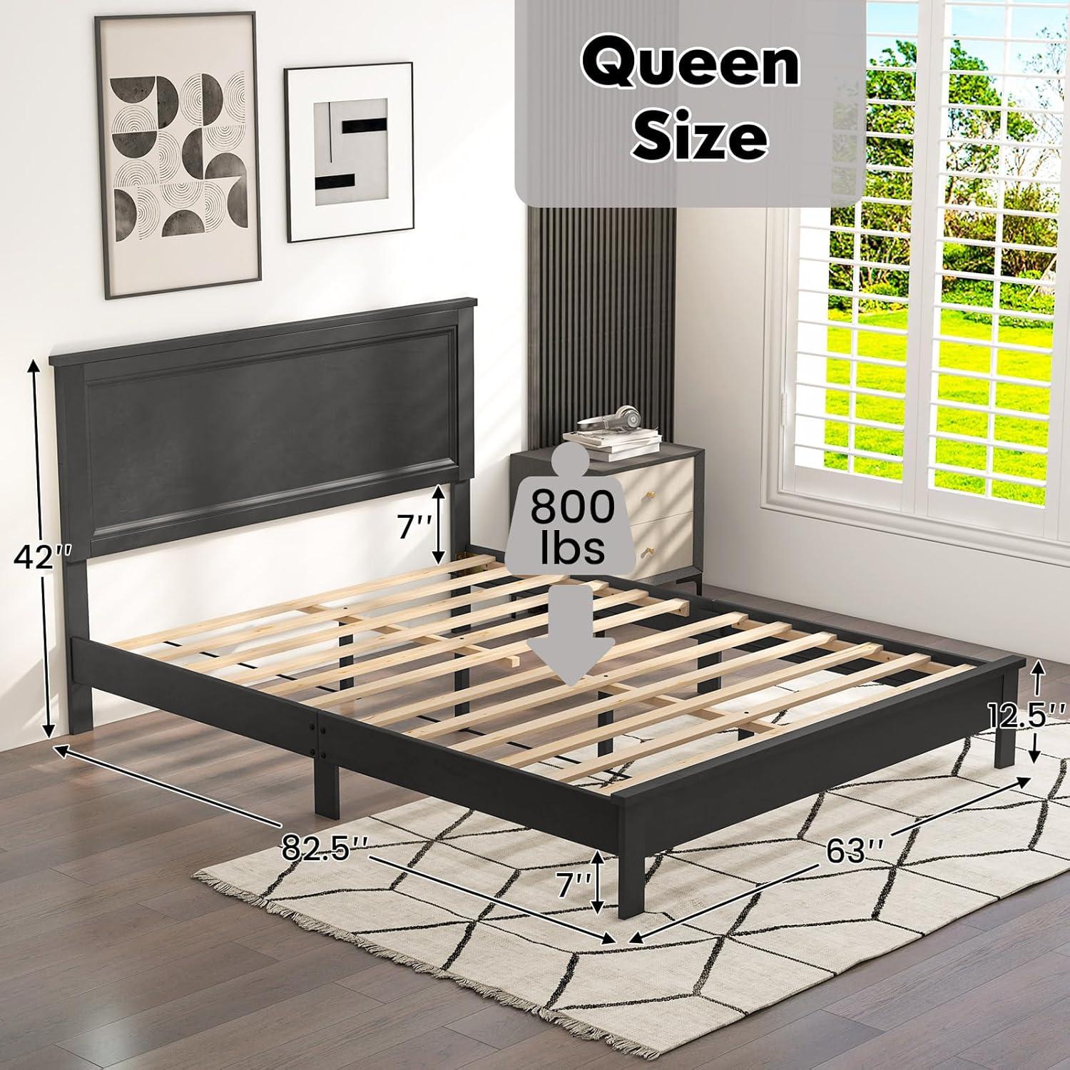 image:imageGiantex Wood Queen Platform Bed Frame with Headboard Mid Century Bed Frame with Solid Wood Legs amp Wooden Slat Support No Box Spring Needed Walnut BedBlack