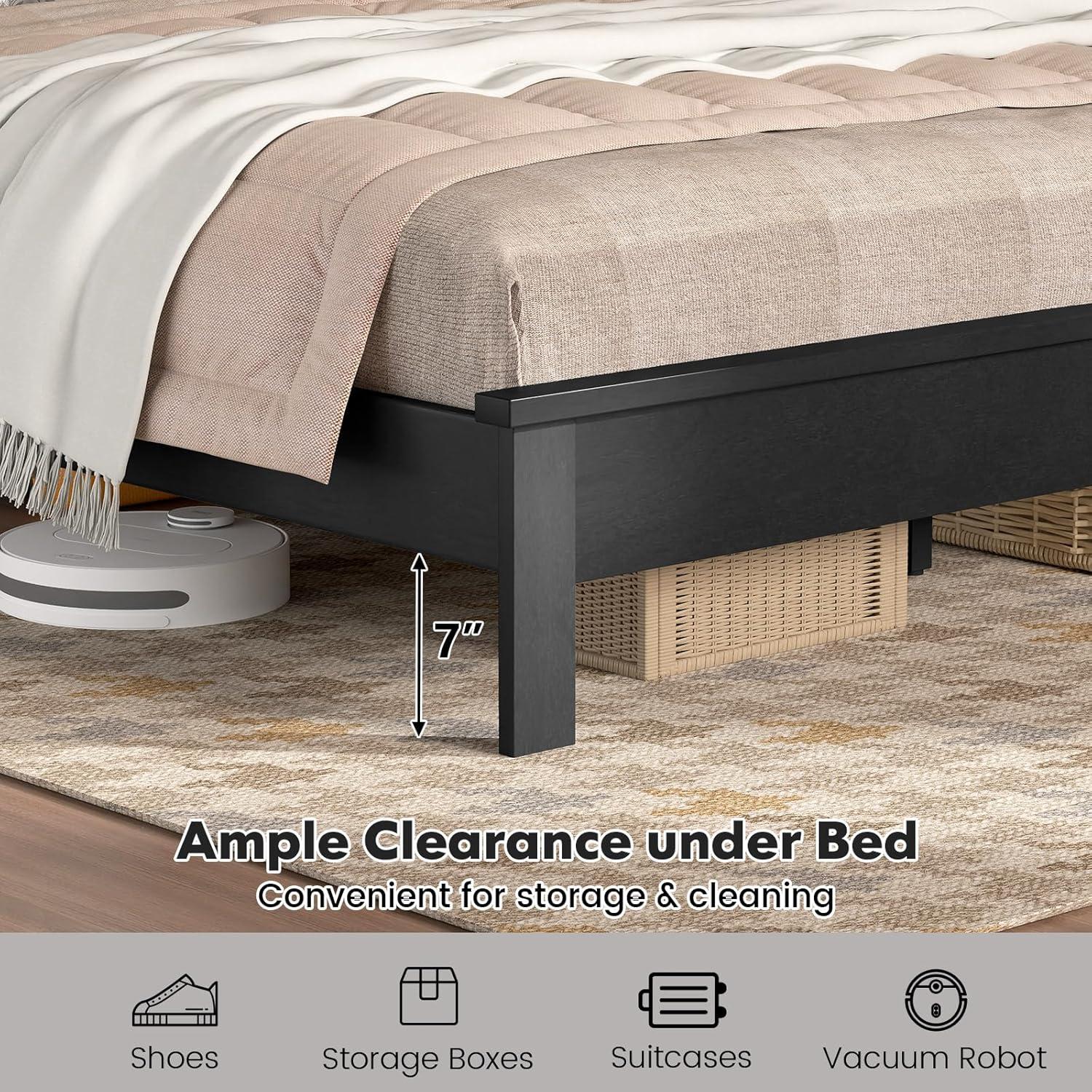image:imageGiantex Wood Queen Platform Bed Frame with Headboard Mid Century Bed Frame with Solid Wood Legs amp Wooden Slat Support No Box Spring Needed Walnut BedBlack
