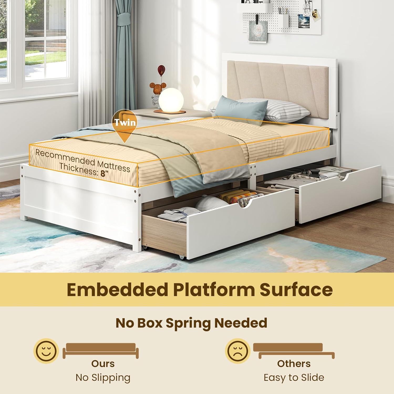 image:imageGiantex Wood Twin Bed with 2 Storage Drawers Solid Wood Platform Bed with Upholstered Headboard Wooden Slats Support Twin Bed Frames for Kids Teens Adults No Box Spring Needed White amp Beige