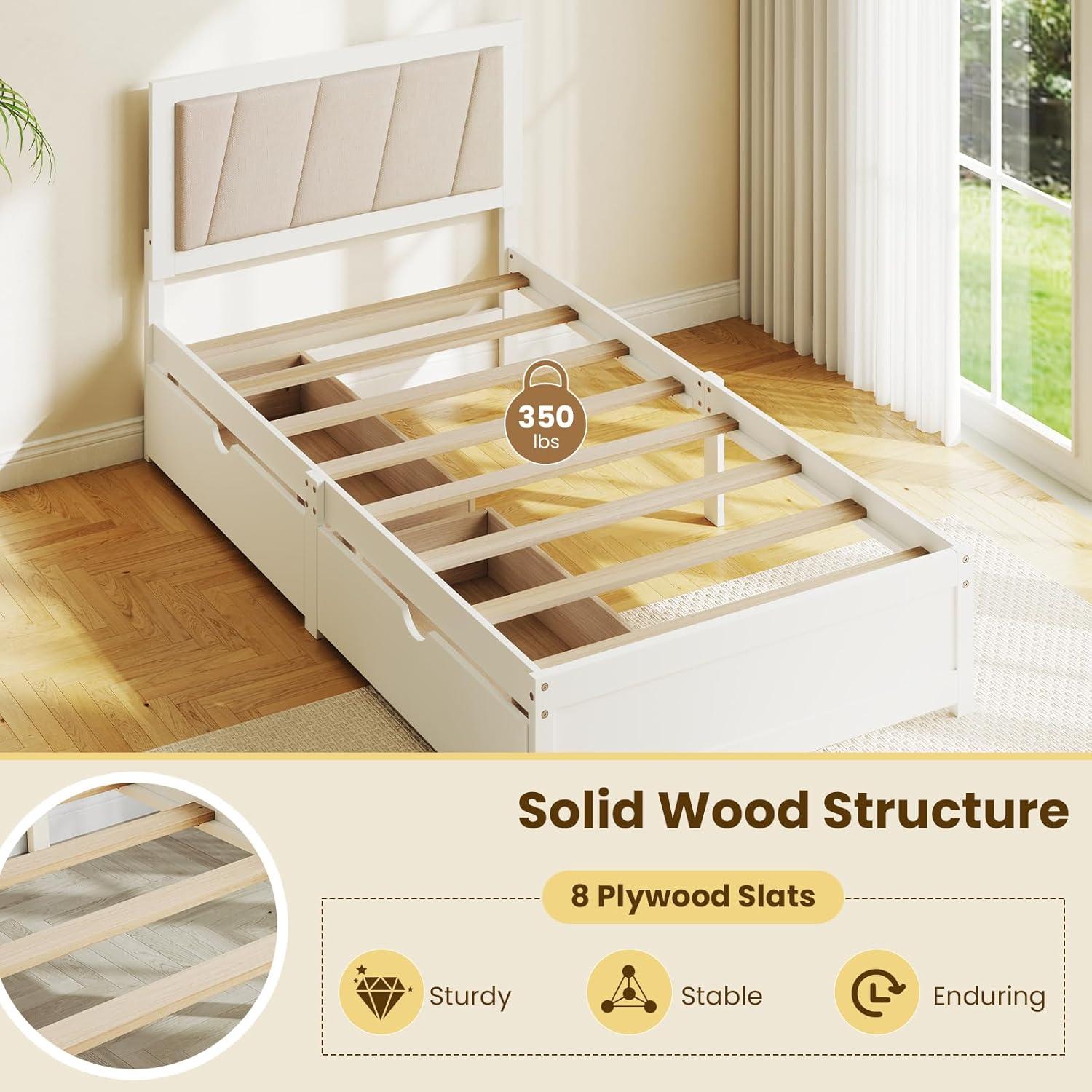 image:imageGiantex Wood Twin Bed with 2 Storage Drawers Solid Wood Platform Bed with Upholstered Headboard Wooden Slats Support Twin Bed Frames for Kids Teens Adults No Box Spring Needed White amp Beige