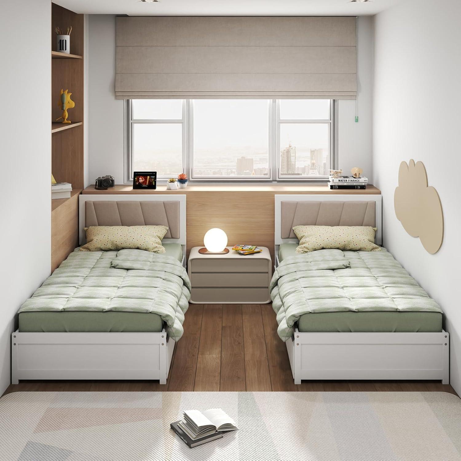 image:imageGiantex Wood Twin Bed with 2 Storage Drawers Solid Wood Platform Bed with Upholstered Headboard Wooden Slats Support Twin Bed Frames for Kids Teens Adults No Box Spring Needed White amp Beige