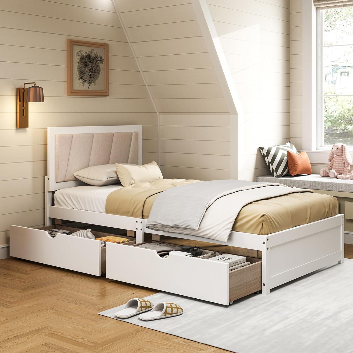 image:imageGiantex Wood Twin Bed with 2 Storage Drawers Solid Wood Platform Bed with Upholstered Headboard Wooden Slats Support Twin Bed Frames for Kids Teens Adults No Box Spring Needed White amp Beige