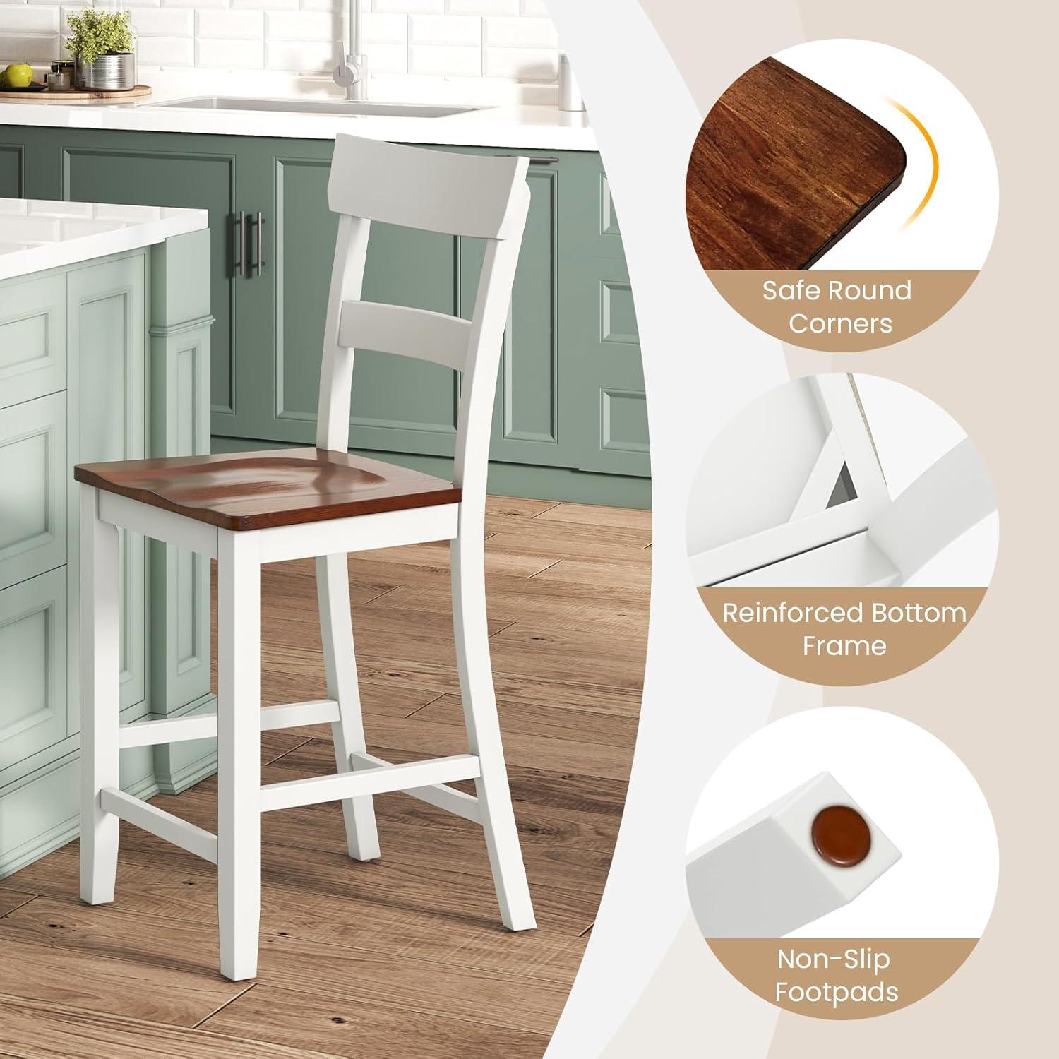 image:imageGiantex Wooden Bar Stools Counter Height Set of 2 245 Farmhouse Wood Bar Dining Chairs with Solid Rubber Wood Frame Backrest Footrest Armless Barstools for Home Bar Kitchen Counter WhiteWhite