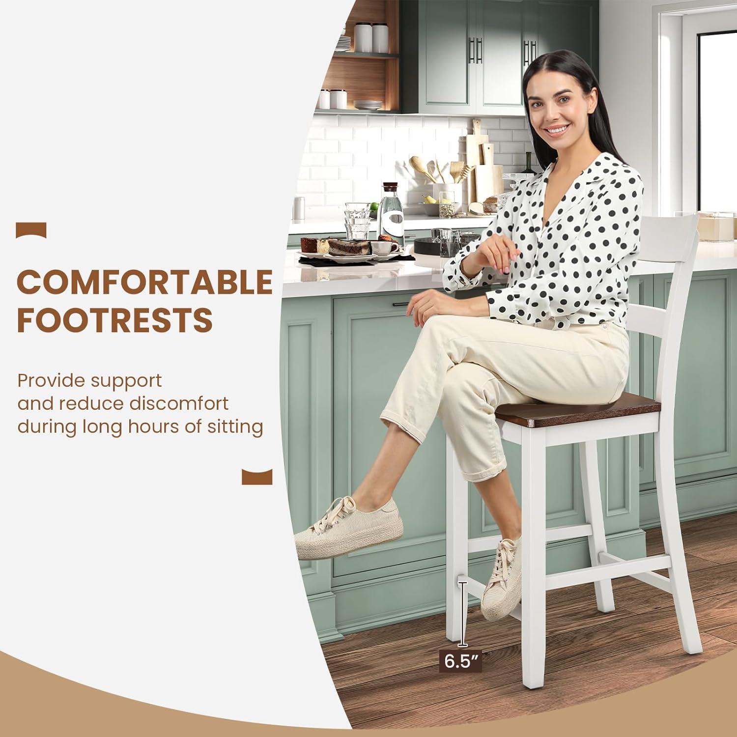 image:imageGiantex Wooden Bar Stools Counter Height Set of 2 245 Farmhouse Wood Bar Dining Chairs with Solid Rubber Wood Frame Backrest Footrest Armless Barstools for Home Bar Kitchen Counter WhiteWhite