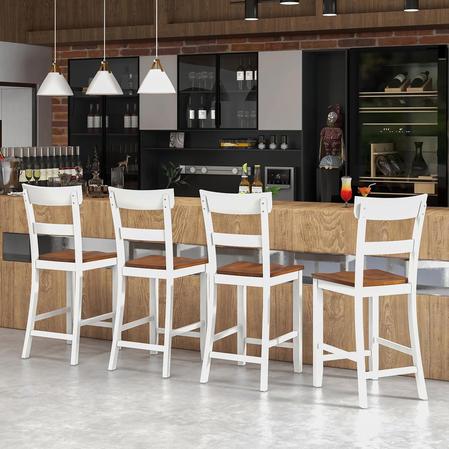 image:imageGiantex Wooden Bar Stools Counter Height Set of 2 245 Farmhouse Wood Bar Dining Chairs with Solid Rubber Wood Frame Backrest Footrest Armless Barstools for Home Bar Kitchen Counter WhiteWhite