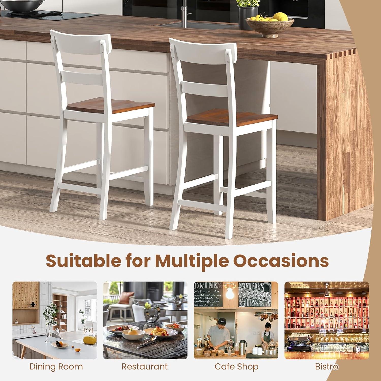 image:imageGiantex Wooden Bar Stools Counter Height Set of 2 245 Farmhouse Wood Bar Dining Chairs with Solid Rubber Wood Frame Backrest Footrest Armless Barstools for Home Bar Kitchen Counter WhiteWhite