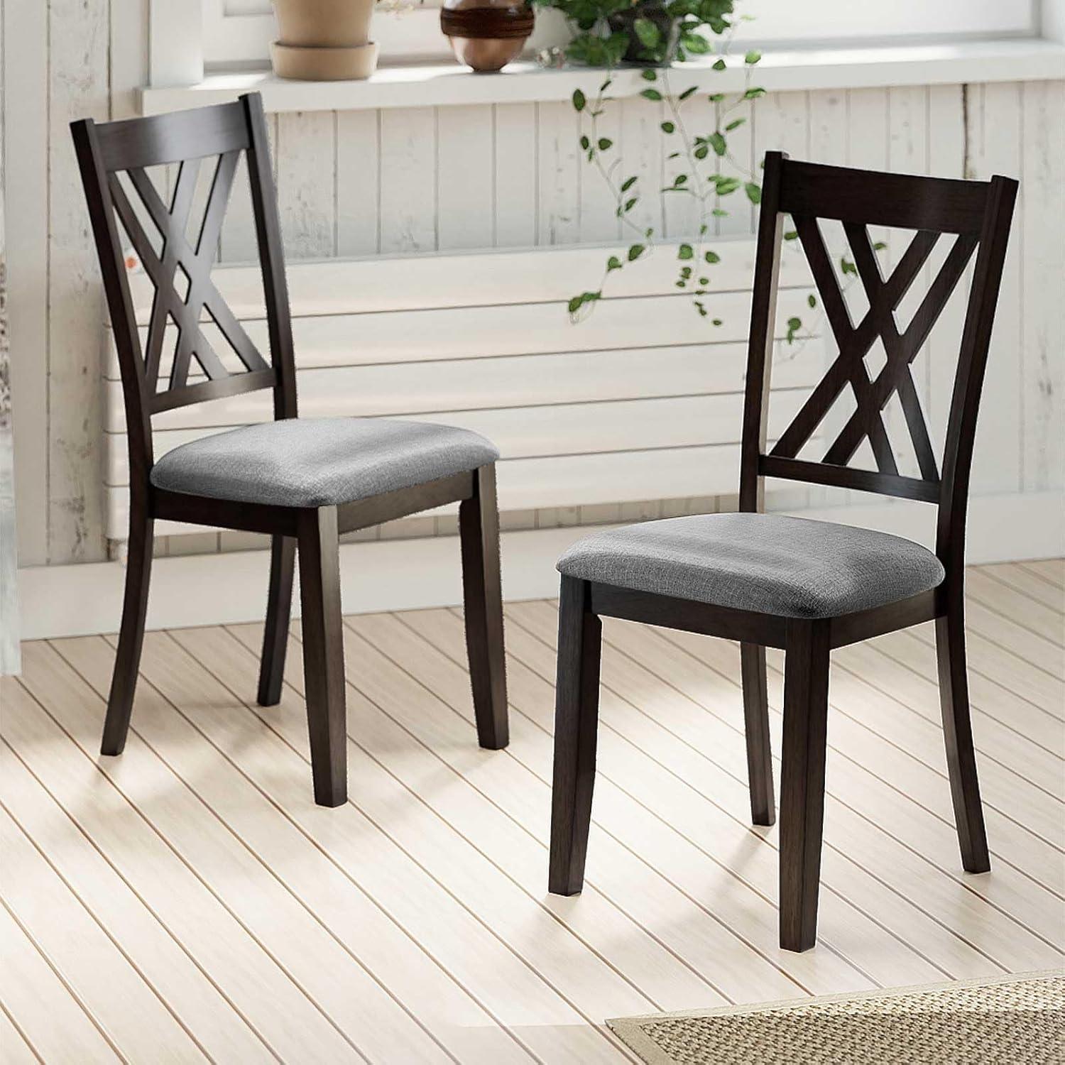 image:imageGiantex Wooden Dining Chairs Set of 2 Linen Fabric Upholstered Kitchen Chair wRubber Wood Frame Wide Padded Seat Curved Cross Back Farmhouse Side Chairs for Living Room Restaurant Dark GrayDark Gray