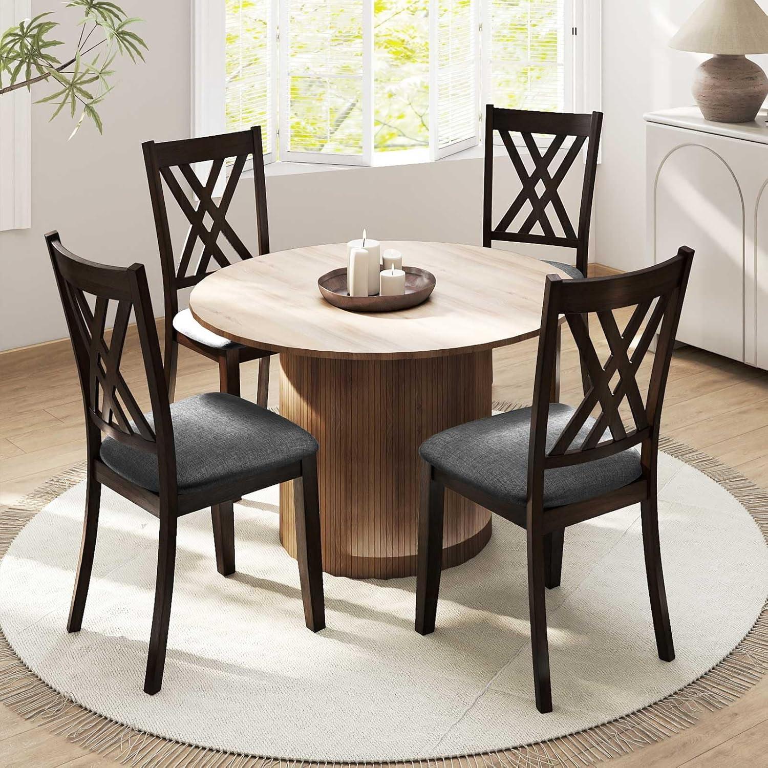 image:imageGiantex Wooden Dining Chairs Set of 2 Linen Fabric Upholstered Kitchen Chair wRubber Wood Frame Wide Padded Seat Curved Cross Back Farmhouse Side Chairs for Living Room Restaurant Dark GrayDark Gray