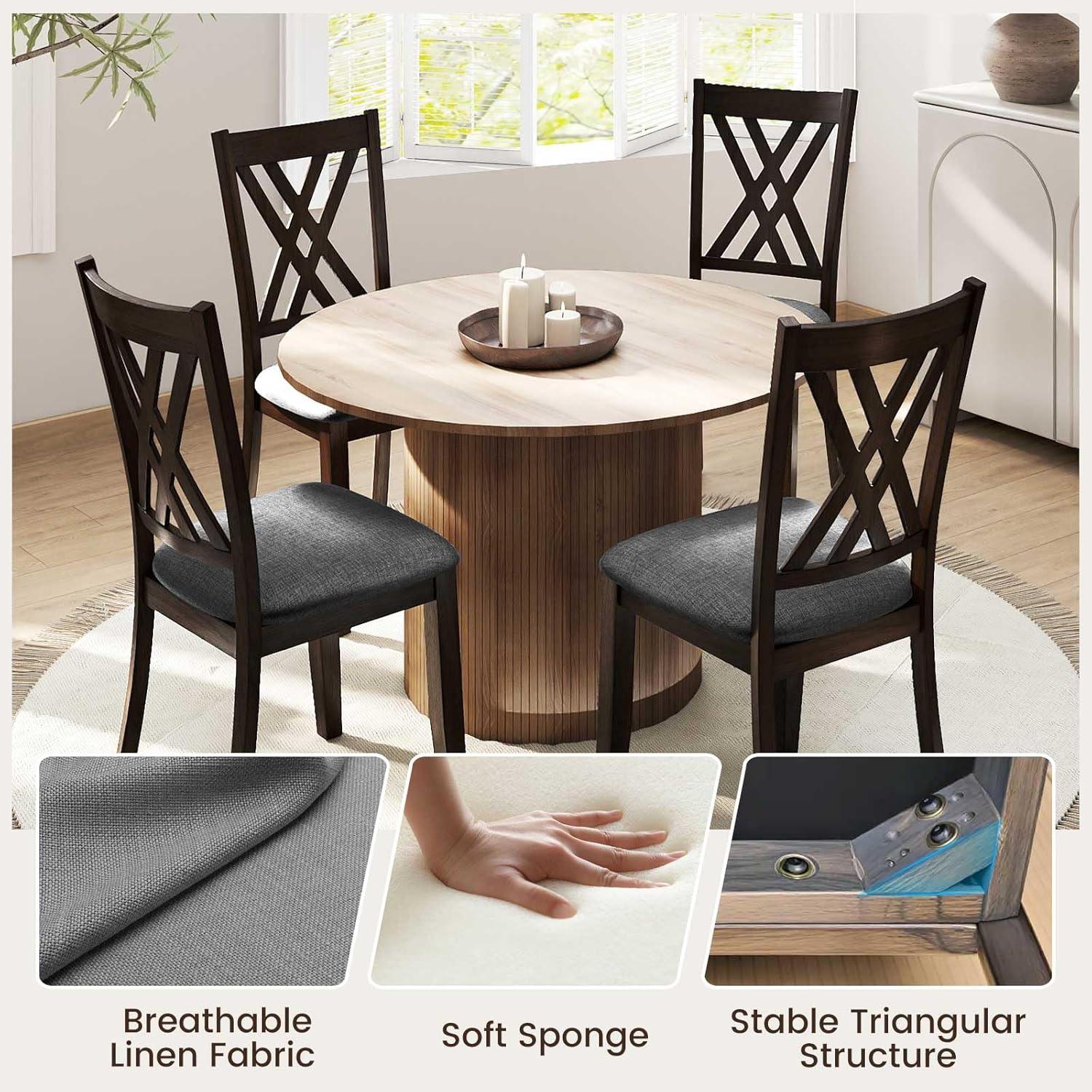 image:imageGiantex Wooden Dining Chairs Set of 2 Linen Fabric Upholstered Kitchen Chair wRubber Wood Frame Wide Padded Seat Curved Cross Back Farmhouse Side Chairs for Living Room Restaurant Dark GrayDark Gray