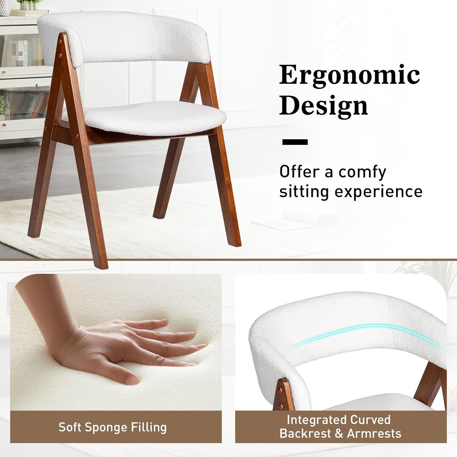 image:imageGiantex Wooden Dining Chairs Set of 2 Modern Sherpa Upholstered Kitchen Chair wArmrests Rubber Wood Legs Padded Seat amp Curved Open Back Farmhouse Side Chairs for Home Living RoomWhitewalnut