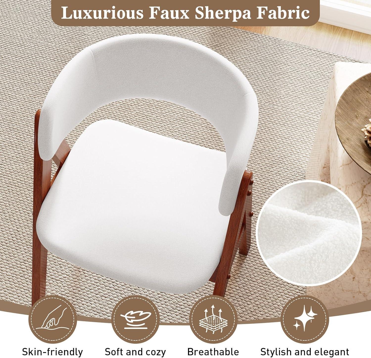 image:imageGiantex Wooden Dining Chairs Set of 2 Modern Sherpa Upholstered Kitchen Chair wArmrests Rubber Wood Legs Padded Seat amp Curved Open Back Farmhouse Side Chairs for Home Living RoomWhitewalnut
