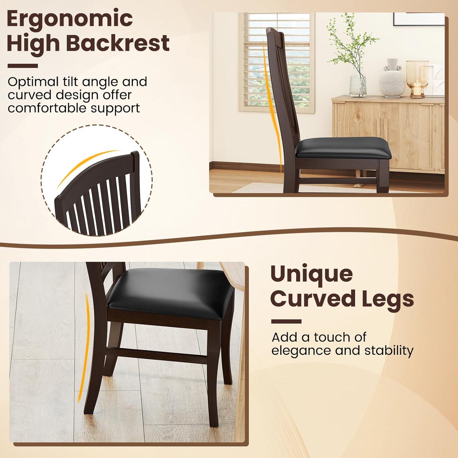 image:imageGiantex Wooden Dining Chairs Set of 2 PU Leather Upholstered Kitchen Side Chair Rubber Wood Frame amp Slatted High Backrest MidCentury Armless Dinette Chairs for Restaurant Living Room