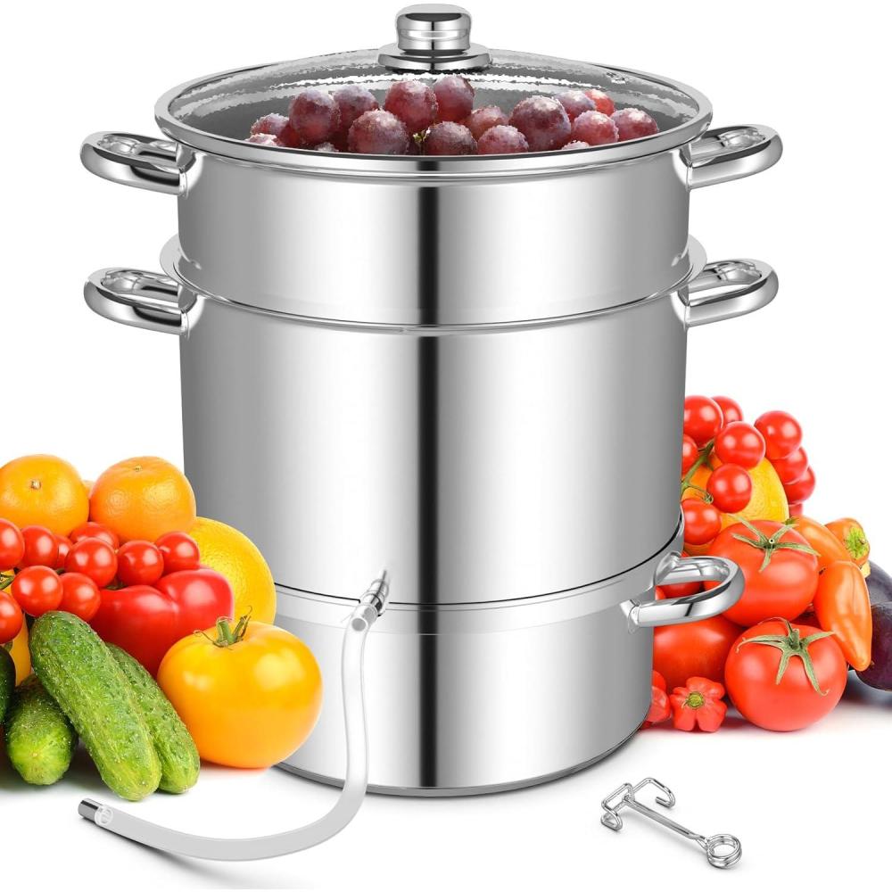 image:imageGiantex 11 Quart Juice Steamer Fruit Vegetables Juicer Steamers wTempered Glass Lid Hose Clamp Loop Handles Stainless Steel Steam Juicer Multipots Kitchen Cookware for Making Juice Jelly Pasta