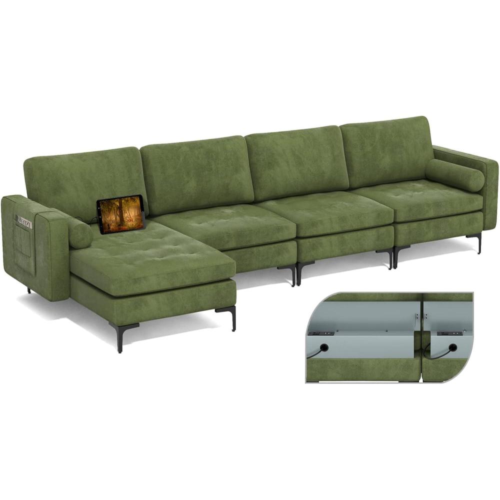 image:imageGiantex 128 Sectional Sofa Couch with 2 USB Ports 3Hole Socket Hidden Storage Box LShaped Modular Sofa wReversible Chaise Lounge 2 Side Bolsters for Living Room Bedroom Office