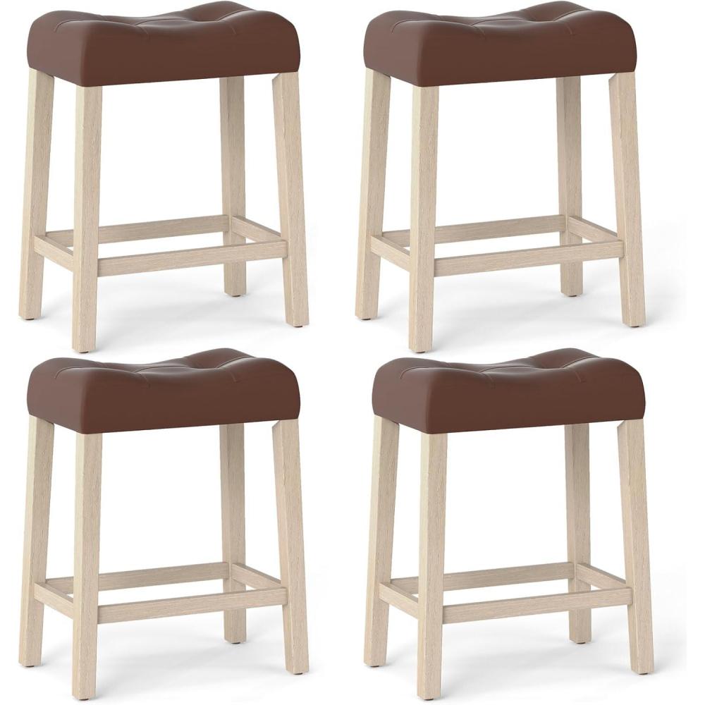image:imageGiantex 24 Bar Stools Set of 4 Upholstered Counter Height Saddle Bar Stools with Footrest and Wood Legs Farmhouse Button Tufted Backless Barstools for Kitchen Island Dining Room Cafe BeigeBrownbeige
