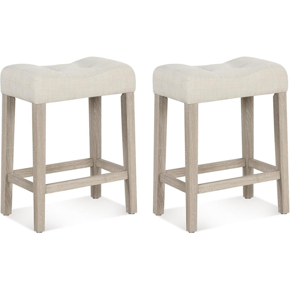 image:imageGiantex 24 Bar Stools Set of 4 Upholstered Counter Height Saddle Bar Stools with Footrest and Wood Legs Farmhouse Button Tufted Backless Barstools for Kitchen Island Dining Room Cafe BeigeBeige