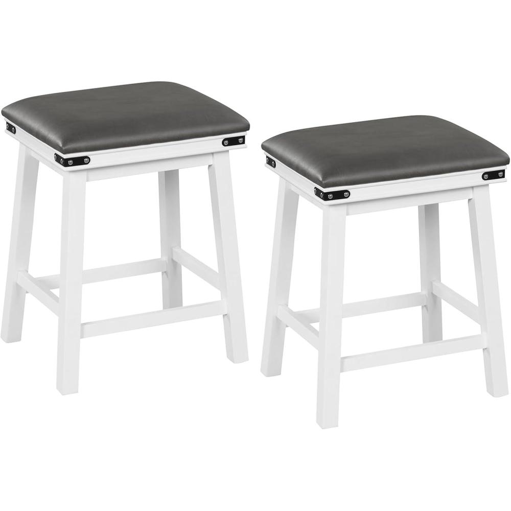image:imageGiantex 24 Counter Height Bar Stools Set of 2 Faux PU Leather Farmhouse Wood Barstools with Padded Seat Solid Wood Frame Max Load 330 Lbs Saddle Stools for Kitchen Island Pub WhiteWhite