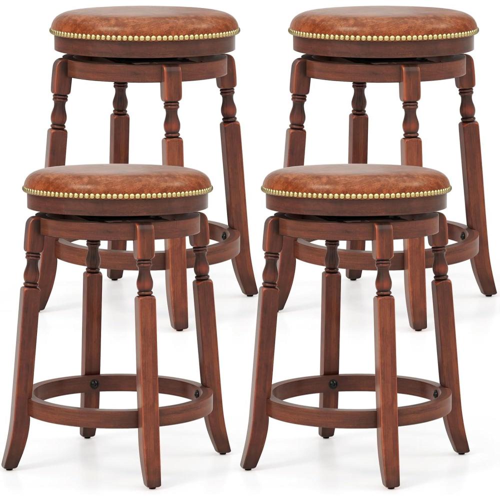 image:imageGiantex 24 Swivel Bar Stools Set of 2 Farmhouse Counter Height Stools with Upholstered Seat amp Rubber Wood Frame Round Backless Kitchen Stools Barstools for Kitchen IslandBreakfast Nook Walnut2