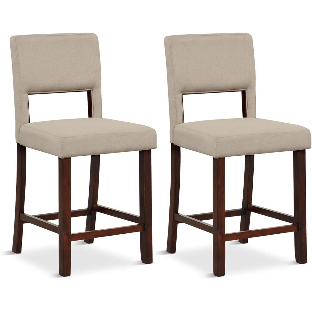 image:imageGiantex 245 Counter Height Bar Stools Set of 2 Linen Barstools with Back Rubber Wood Legs Max Load 400 Lbs Modern Upholstered Bar Dining Chairs for Kitchen Island Pub BeigeBeige