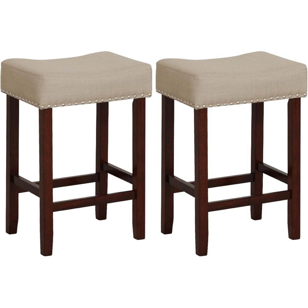 image:imageGiantex 25 Counter Height Bar Stools Set of 2 Backless Saddle Barstools with Nailhead Linen Foam Seat Max Load 330 Lbs Wood Bar Stools with Foot Rest for Kitchen Island KhakiKhaki