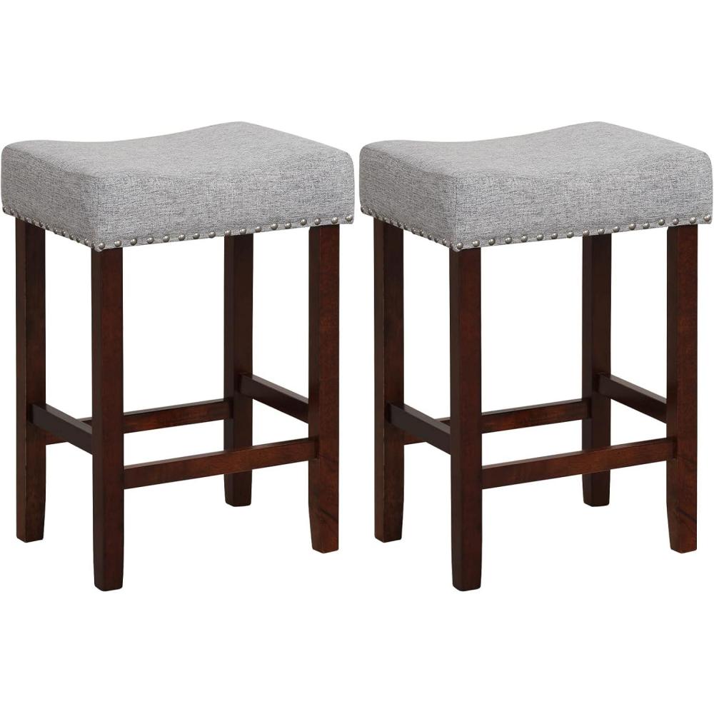 image:imageGiantex 25 Counter Height Bar Stools Set of 2 Backless Saddle Barstools with Nailhead Linen Foam Seat Max Load 330 Lbs Wood Bar Stools with Foot Rest for Kitchen Island KhakiGrey