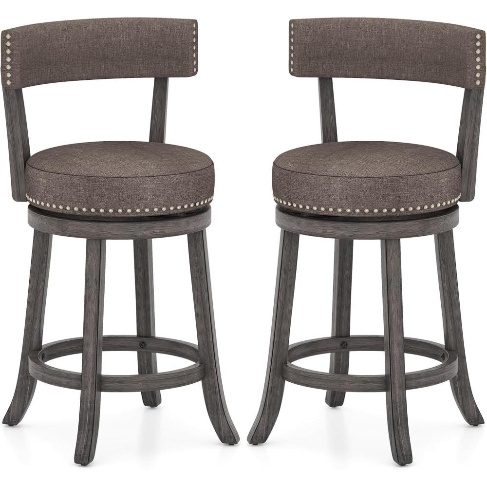 image:imageGiantex 26 Bar Stools Set of 2 Swivel Counter Height Bar Chairs with Footrest Rubber Wood Frame Upholstered Linen Barstools with Back amp Cushioned Seat for Kitchen Island Dining Room Pub1