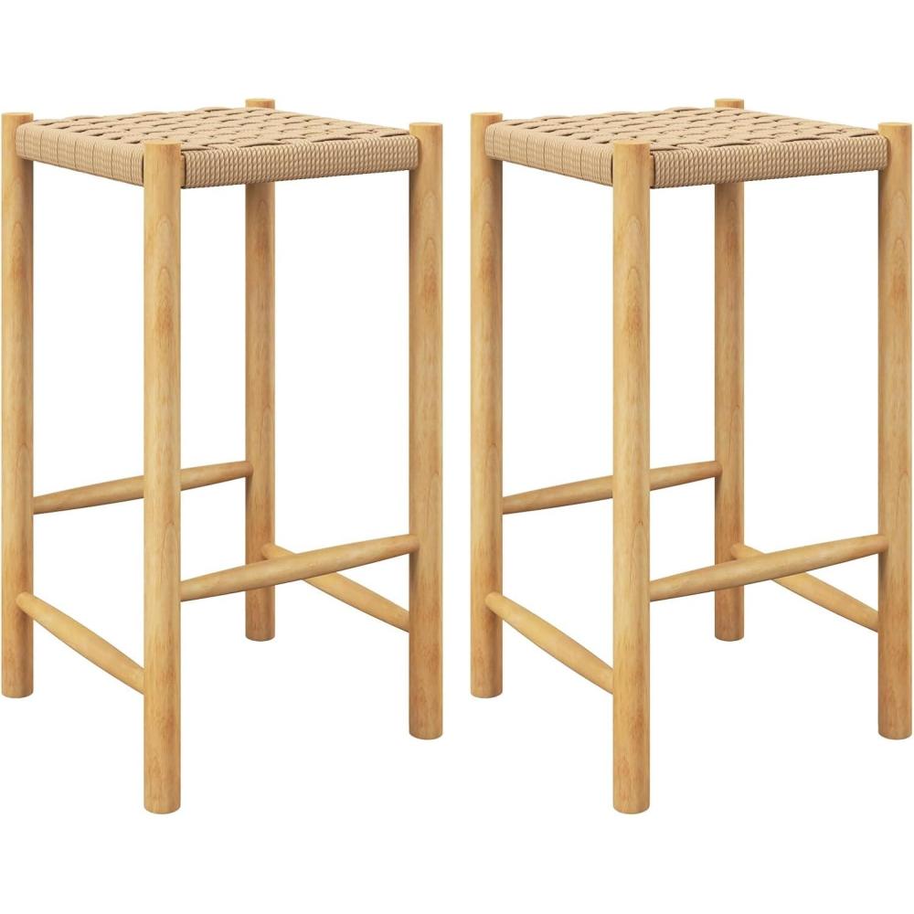 image:imageGiantex 26 Counter Height Wood Bar Stools Set of 2 Boho Rattan Barstools Max Load 330 Lbs Armless Saddle Kitchen Stools Backless Wicker Bar Stools for Kitchen Counter Indoor Outdoor1